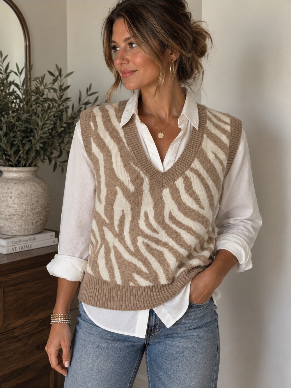 Streetwear Society Zebra Print Sweater Vest Women’s Large Tan Cream Knit